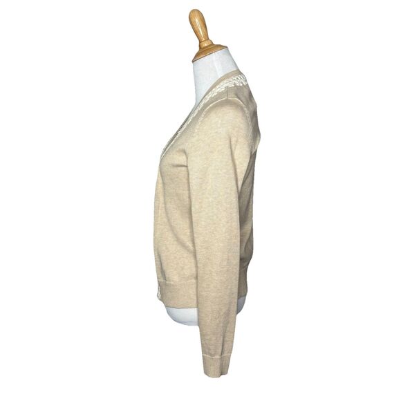 Banana Republic Crochet Knit Trim Oatmeal Heather Cropped Cardigan Sweater Med - Picture 2 of 6